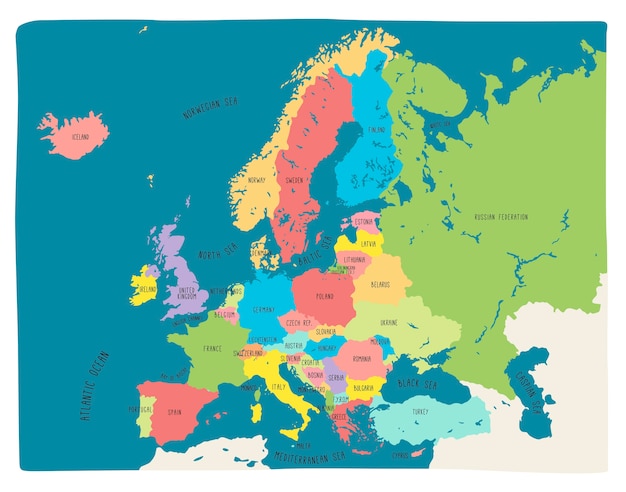 Vettore mappa vettoriale disegnato a mano colorata dell'europa