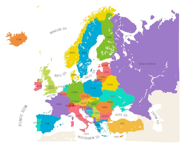 Vettore mappa vettoriale disegnato a mano colorata dell'europa