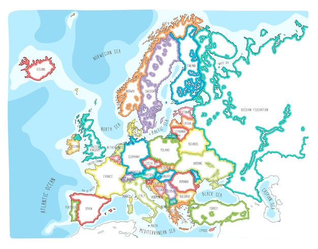 ヨーロッパのカラフルな手描きベクトル地図