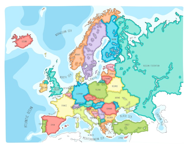 ベクトル ヨーロッパのカラフルな手描きベクトル地図