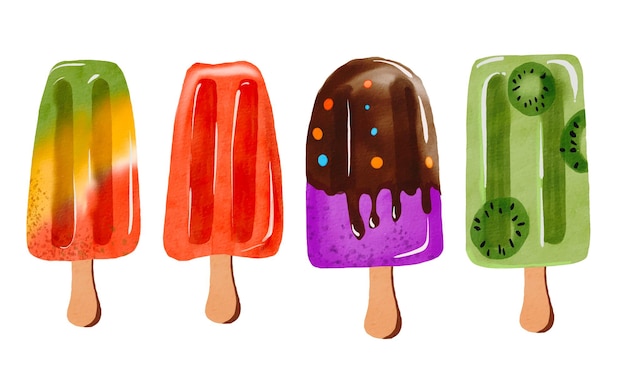 Colorful hand-drawn watercolor popsicles set with transparent background