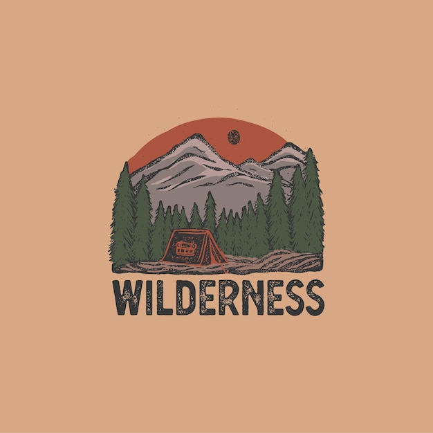 Vector colorful hand drawn wilderness badge with mountain landscape