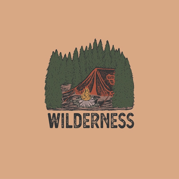 Colorful hand drawn wilderness badge with mountain landscape