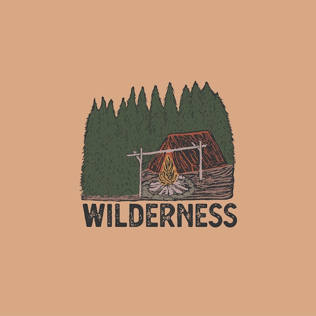 Vector colorful hand drawn wilderness badge with mountain landscape