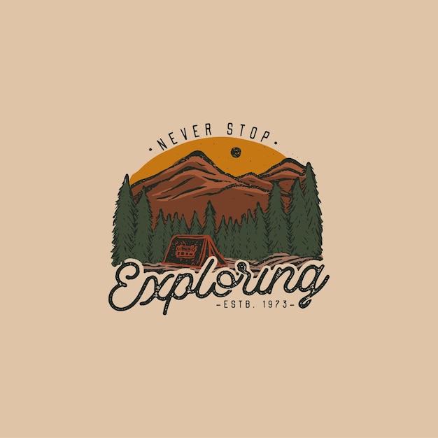 Vector colorful hand drawn wilderness badge with mountain landscape