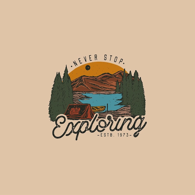 Vector colorful hand drawn wilderness badge with mountain landscape