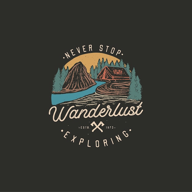 Vector colorful hand drawn wilderness badge with mountain landscape