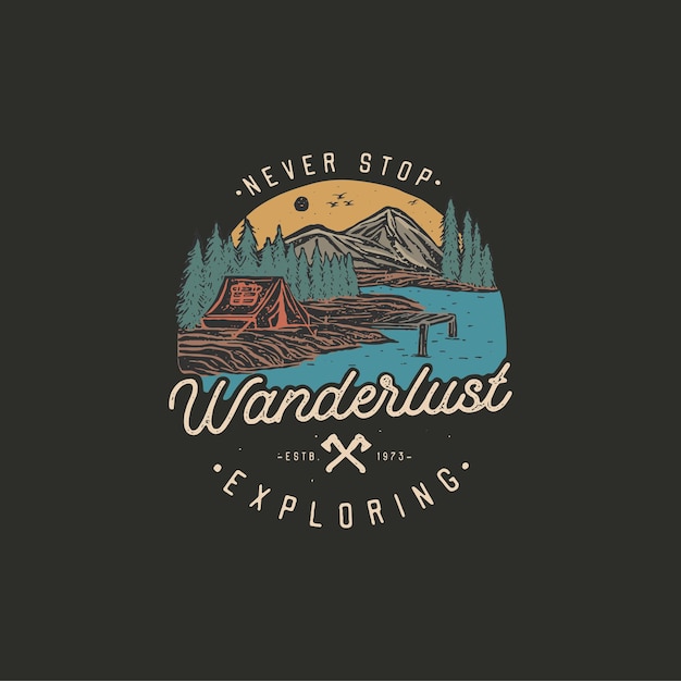 Vector colorful hand drawn wilderness badge with mountain landscape