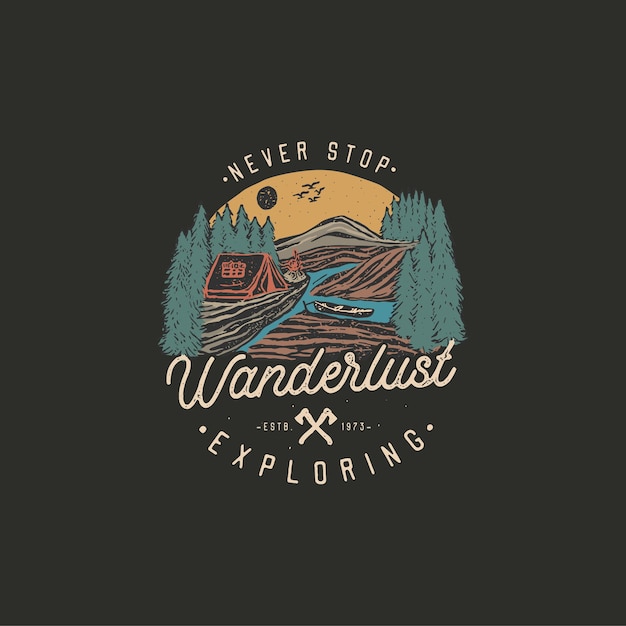 Vector colorful hand drawn wilderness badge with mountain landscape