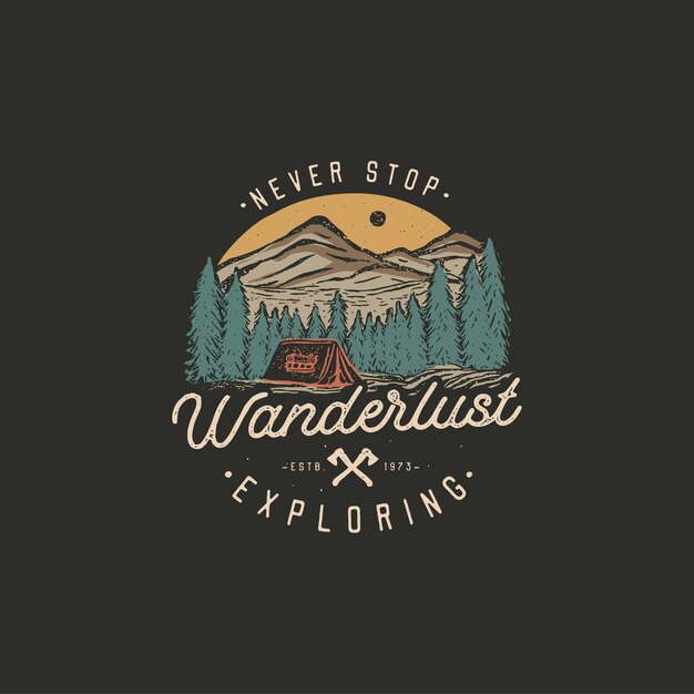 Vector colorful hand drawn wilderness badge with mountain landscape