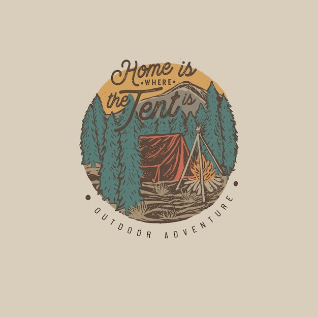 Vector colorful hand drawn wilderness badge with mountain landscape