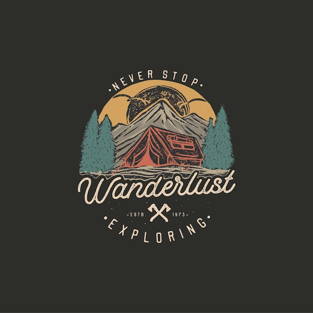 Colorful hand drawn wilderness badge with mountain landscape