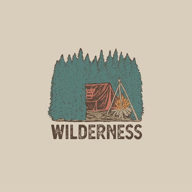 Vector colorful hand drawn wilderness badge with mountain landscape