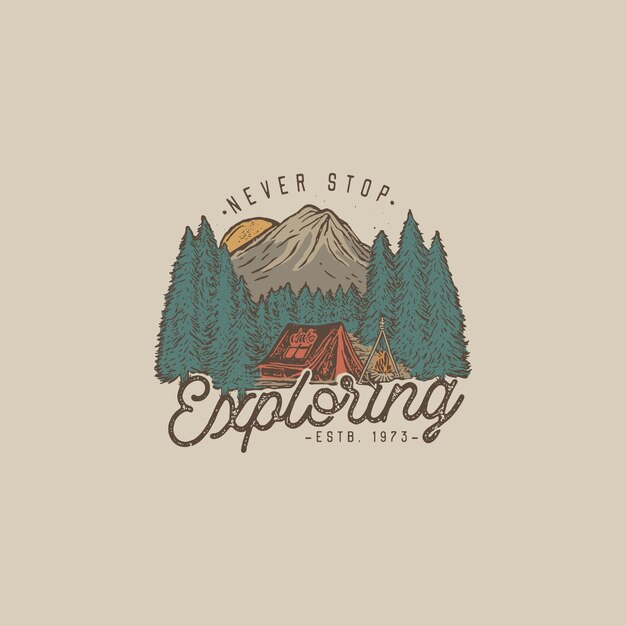 Vector colorful hand drawn wilderness badge with mountain landscape