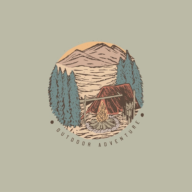 Colorful hand drawn wilderness badge with mountain landscape