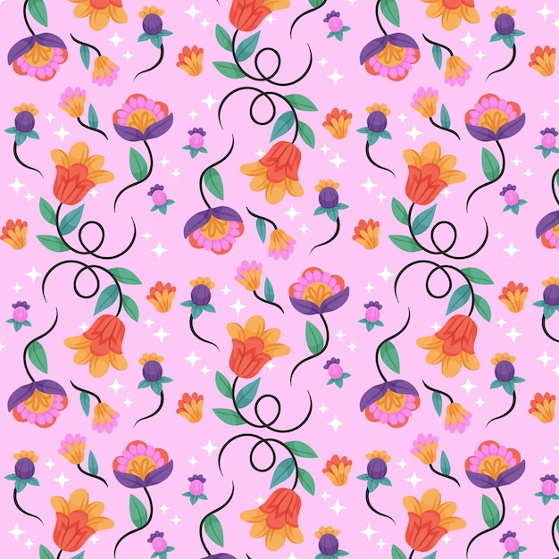 Vector colorful hand painted exotic flowers and leaves pattern