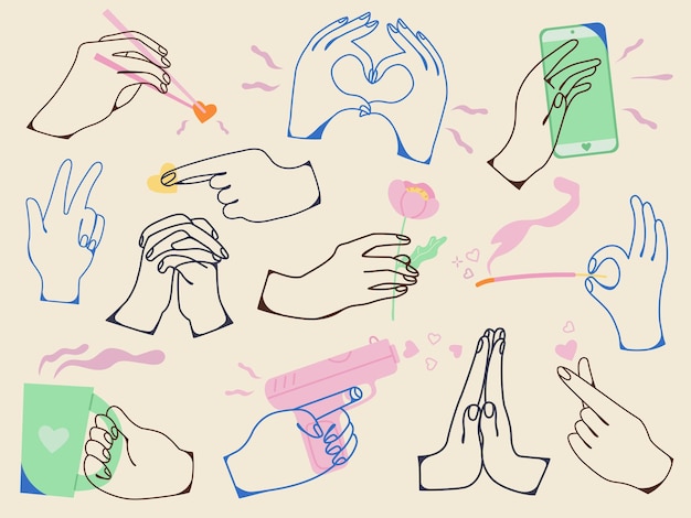 Vector colorful hands and arms expressions hand sign big set ok and love heart peace and press touch