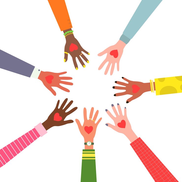 Vector colorful hands in a circle with hearts flat vector illustration isolated. flat vector colorful hands