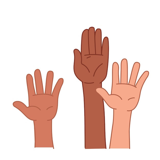 Colorful hands reach up. Voting for freedom. strike or rally. Vector illustration in cartoon children s style. Isolated clipart on white background.