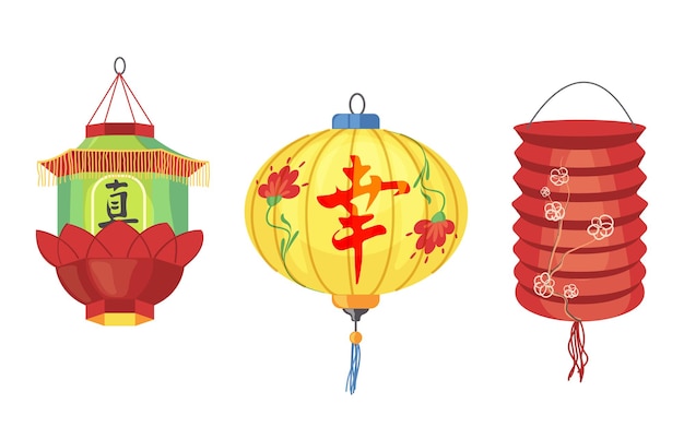 Colorful hanging lantern of different shape and form traditional asian decor vector illustration