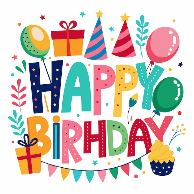 Vector colorful happy birthday card with balloons and gifts