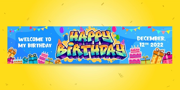 Saluto di buon compleanno colorato su banner lungo in stile graffiti