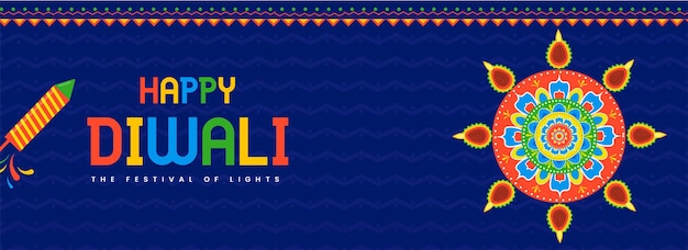 Vector colorful happy diwali text with rangoli or mandala decorated from lit oil lamps (diya) and firework rockets on blue zigzag lines background.