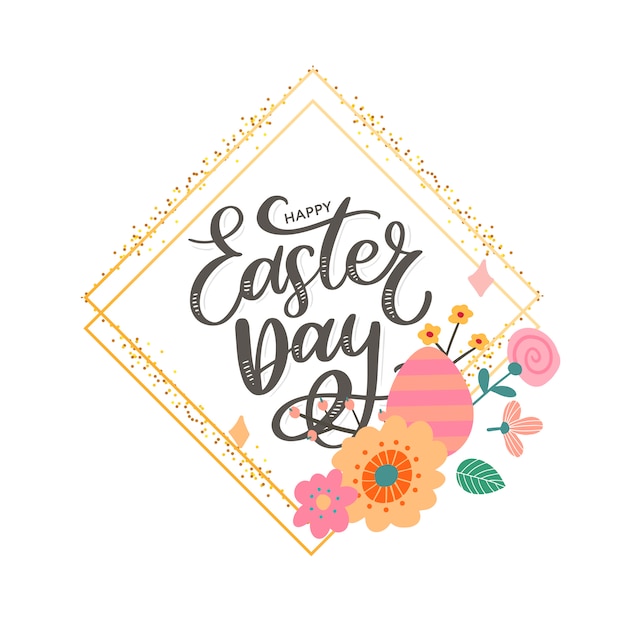 Vector colorful happy easter greeting card with flowers eggs and rabbit elements composition. eps10 file organized in layers for easy editing.