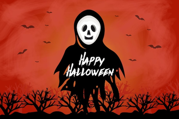 Colorful Happy Halloween celebration background design with a black ghost in the forest