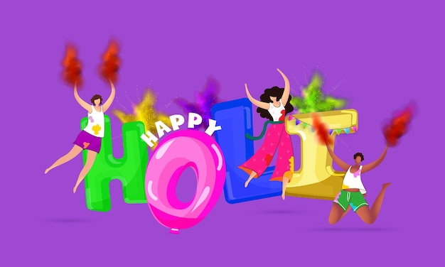 Coloroso happy holi font con ritratto di vignette di ragazze adolescenti che giocano a colori su sfondo viola chiaro festival indiano di design di bandiere di colori