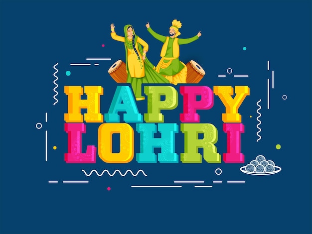 Font lohri felice colorato con coppia punjabi che fa strumento bhangra e dhol (tamburo) su sfondo blu.