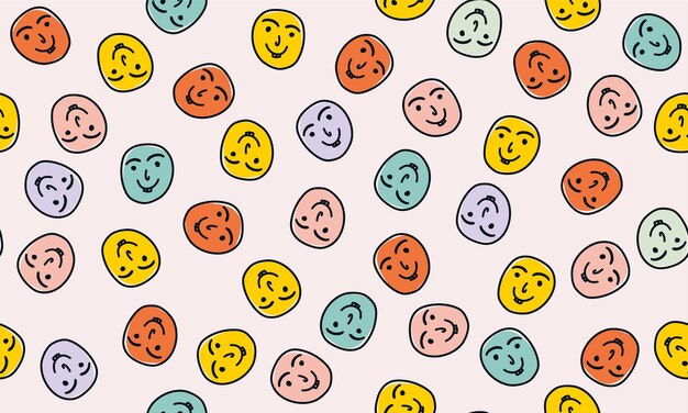 Vector colorful happy smileys cute face seamless pattern with hand drawn cartoon style