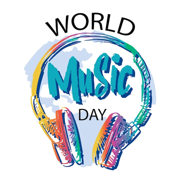 Vector a colorful headphones with the words world music day on it.