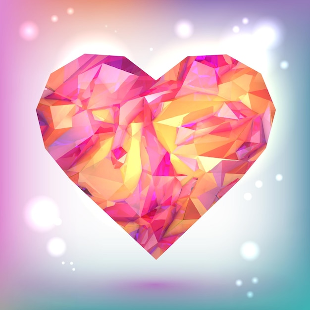 Un cuore colorato con un diamante rosa e arancione al centro.