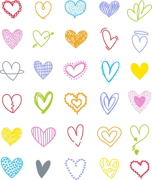 Vettore set di doodle di cuori colorati icone e simboli di cuori d'amore disegnati a mano