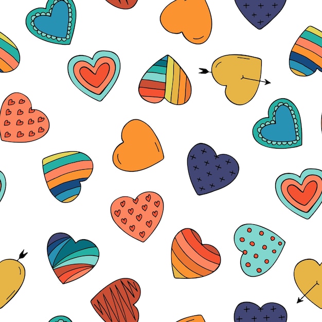 Vector colorful hearts seamless hand drawn pattern doodle vector illustration