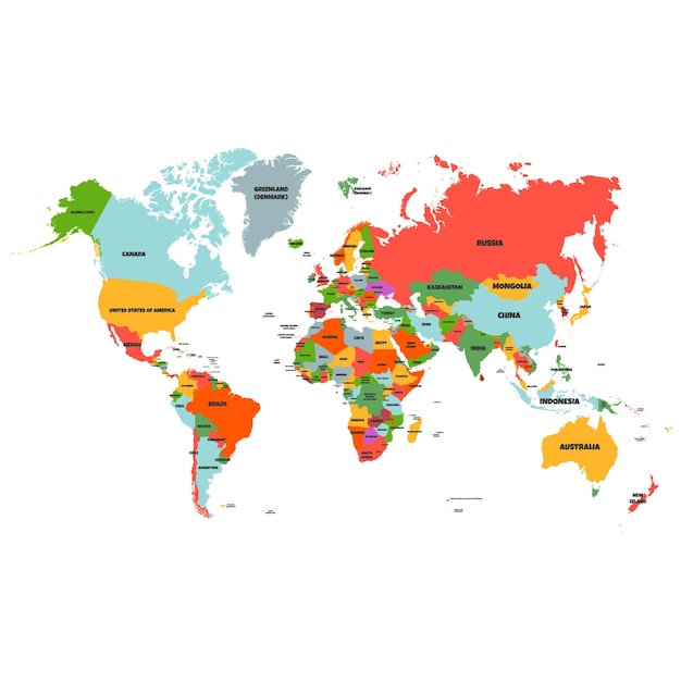 Colorful Hi detailed Vector world map complete with all countries names Vector