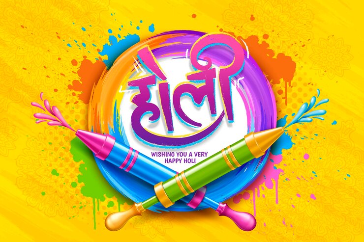 वेक्टर colorful holi design with pichkari shooting paint color