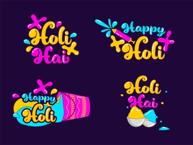 Colorful holi festival font set with water gun pichkari color bowls bucket and splash effect against purple background