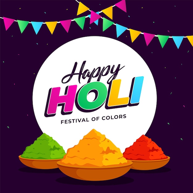 Colorful holi festival sale design with clay pot full of dry colors