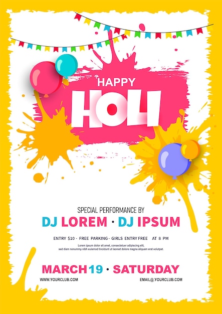 Vector colorful holi party flyer with water color balloons and color splashes on white background