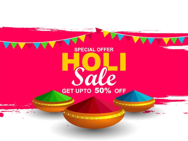 Colorful Holi Vector Illustration with bowl full of dry colors on pink background