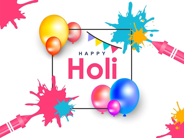 Colorful Holi Vector with water balloons and water guns splashing colors on white background