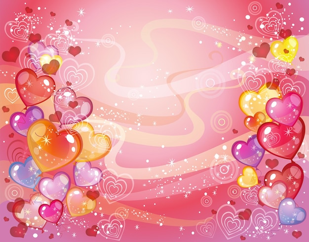 Colorful holiday background with balloons and confetti on pink background. Vector illustration.