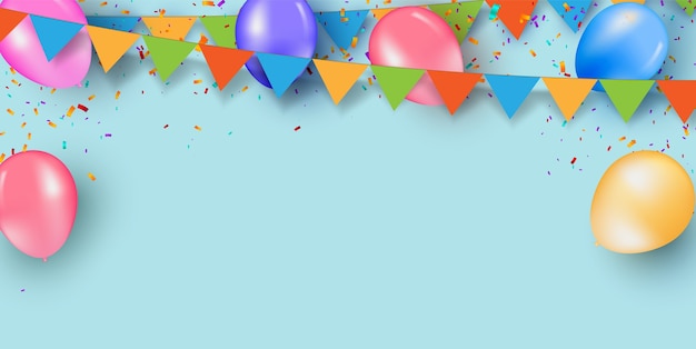 Vector colorful holiday blue background with balloons and confetti.