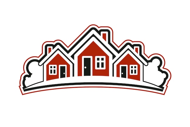 Colorful holiday houses vector illustration, home image with horizon line. Touristic and real estate creative emblem, cottages front view.