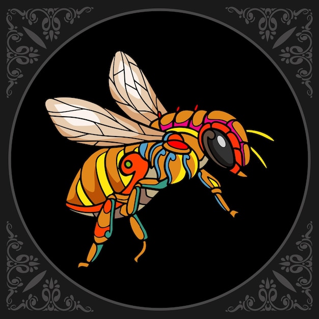 Vector colorful honey bee zentangle arts isolated on black background