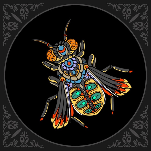 Colorful honey bee zentangle arts isolated on black background