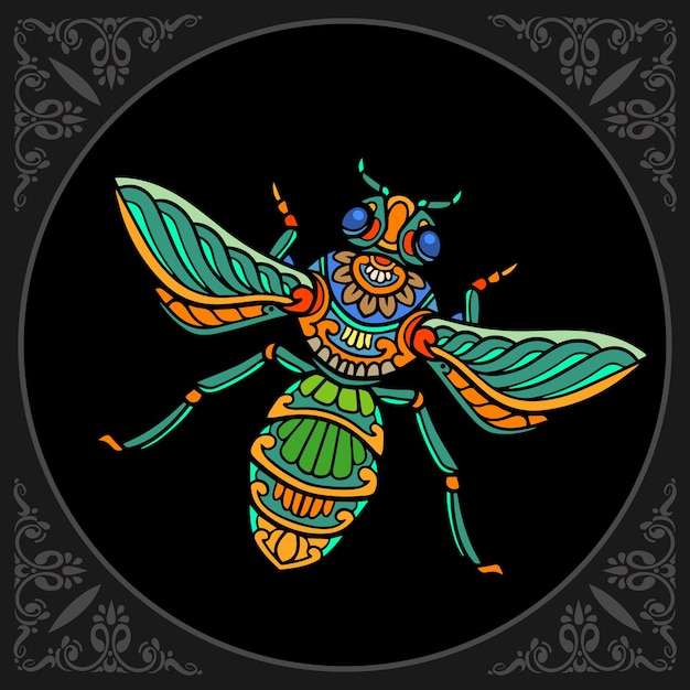 검은 배경에 고립 된 다채로운 꿀벌 Zentangle 예술