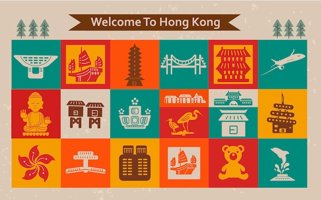 Colorful Hong Kong travel collections in flat style